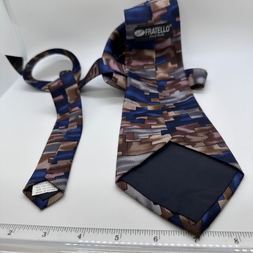 Fratello Necktie Blue Brown Abstract Geometric Pattern Silk Blend Tie - Picture 7 of 12